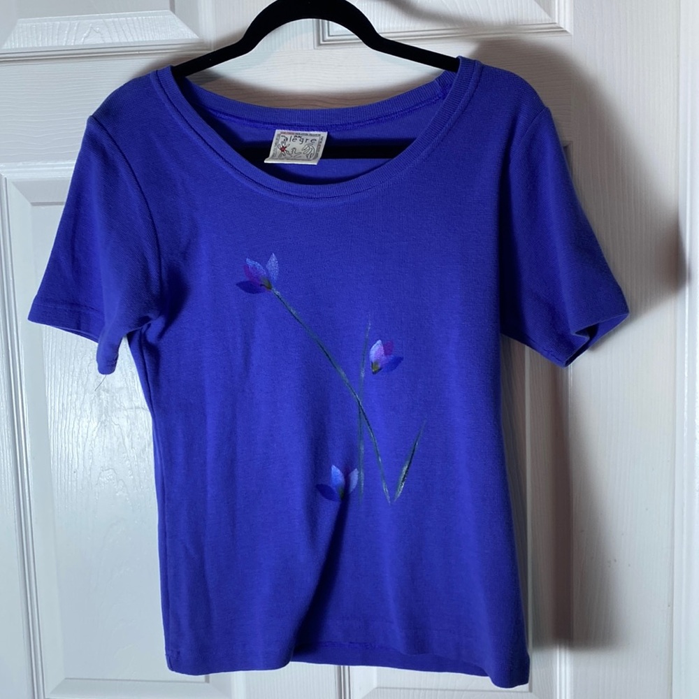 Play Alegre Hand Painted Floral Top Short Sleeve 100% Cotton Art to Wear Size SM